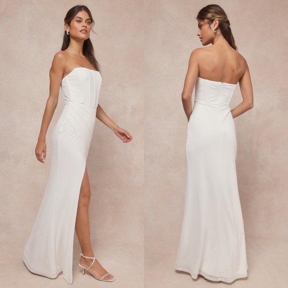 NWT LULUS Strapless Corset Bustier Sleeveless Draped Side Slit Mesh Maxi Gown XS - Picture 4 of 5